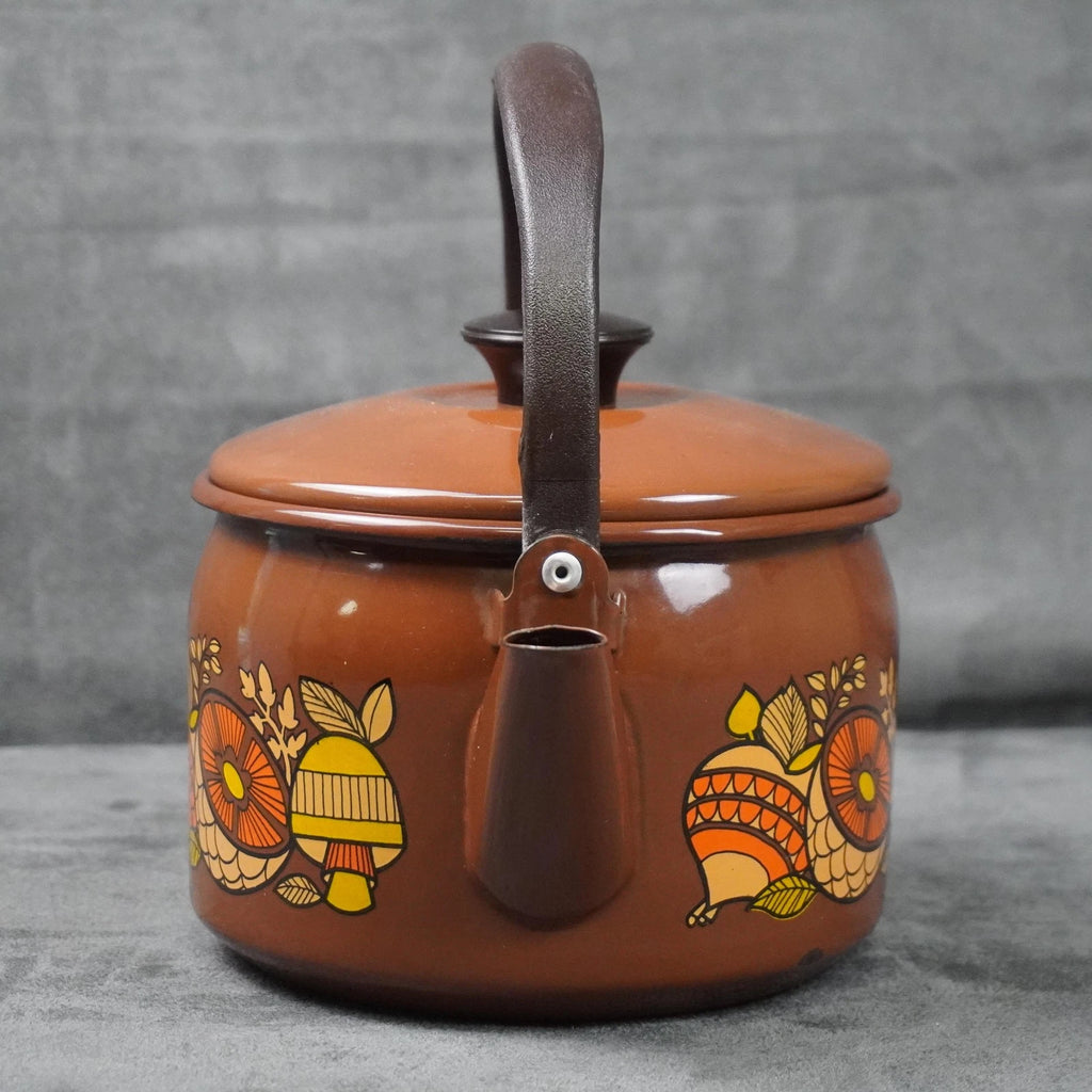 Vintage Brown Enamel Teapot Mushroom Floral Design Metal Handle Retro Kettle 70s | eBay