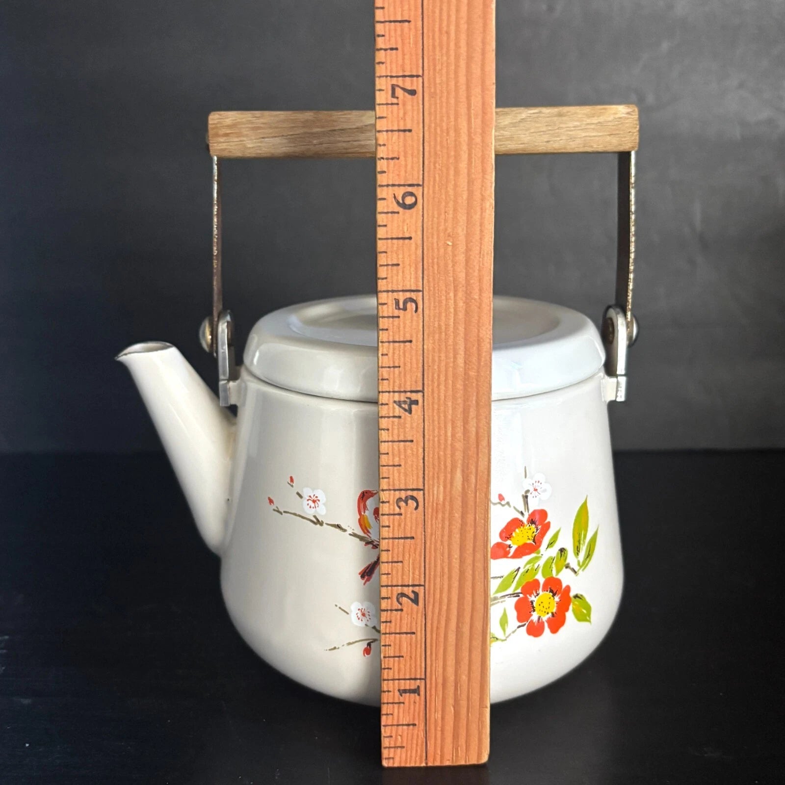 Vintage Enamel Tea Pot Kettle 5 Cup Birds Orange Floral Wood Handle & Knob | eBay