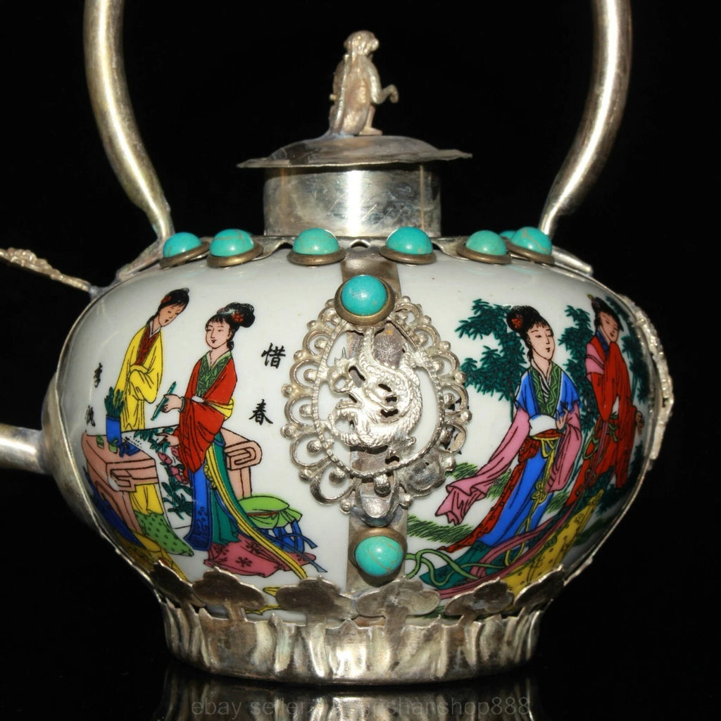 5.6" Old Chinese Copper Enamel Porcelain Belle Woman Portable Kettle Teapot | eBay