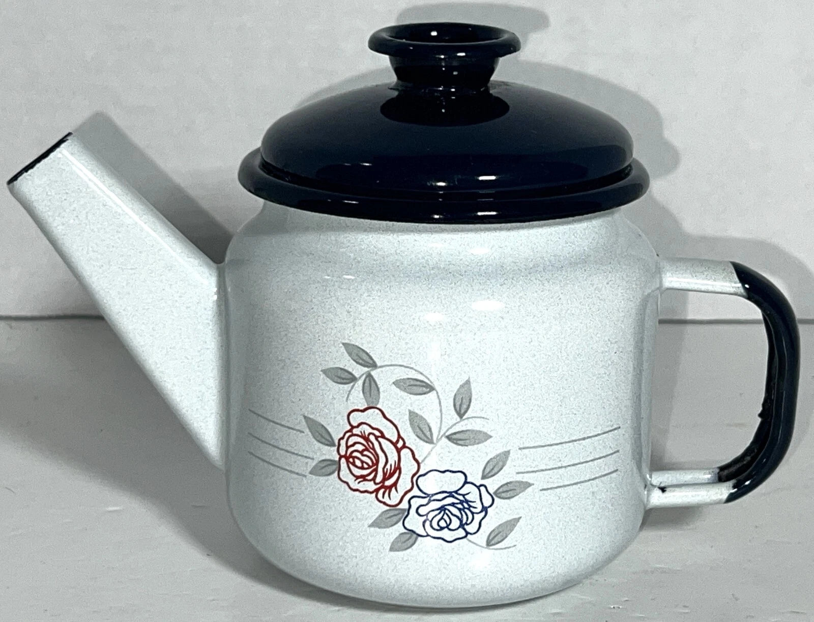 VTG Enamel Enamelware Rose Floral White Blue Metal Mini Small Tea Teapot Kettle | eBay