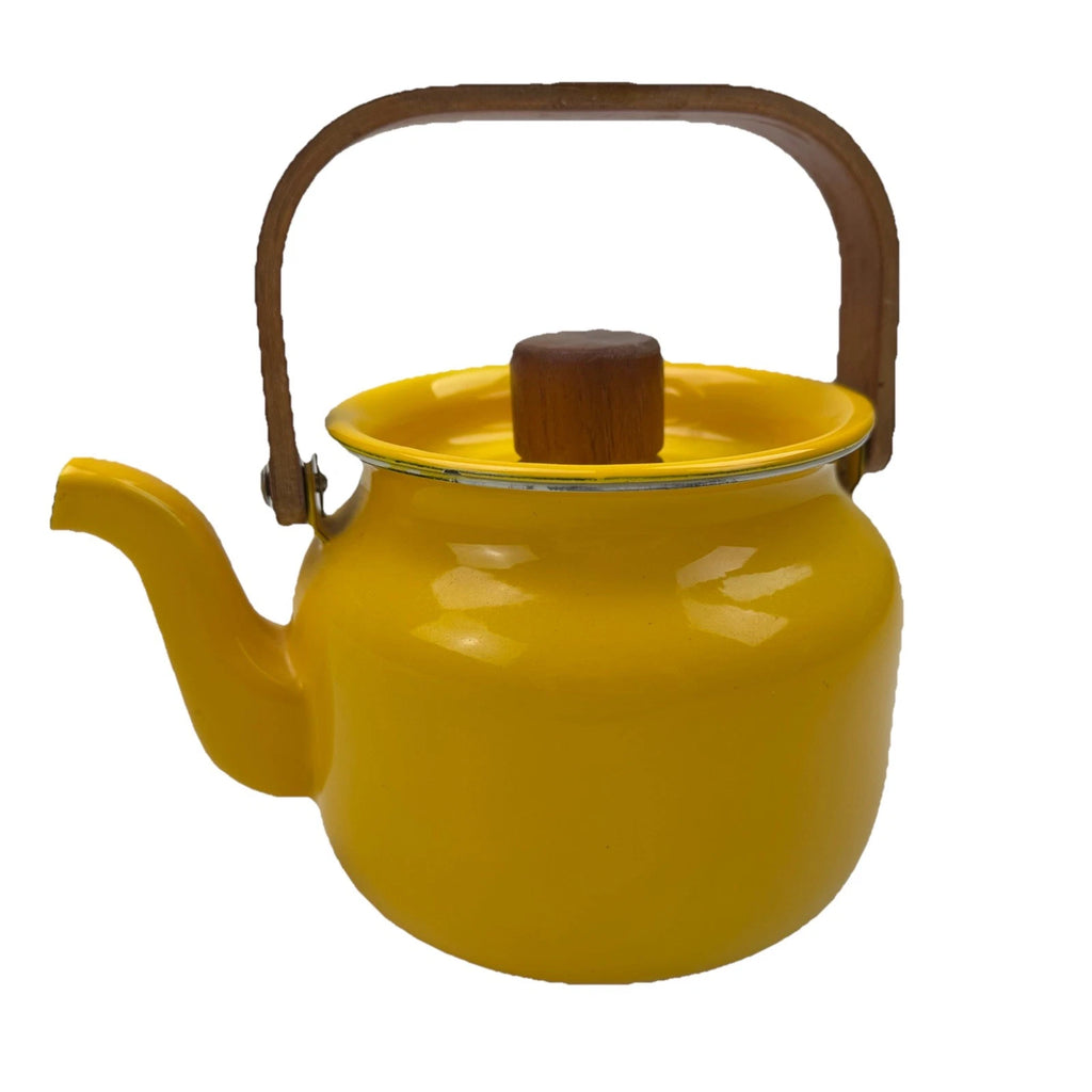 Vintage MCM Yellow Enamel Tea Kettle Teapot With Lid Wood Handle EnamelWare | eBay
