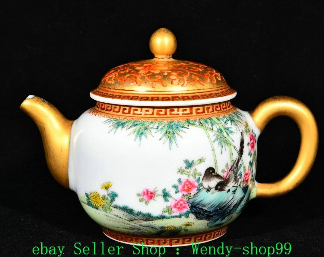 5" YongZheng Marked Colour Enamel Porcelain Gilt Bamboo Plum Magpie Bird Teapot | eBay