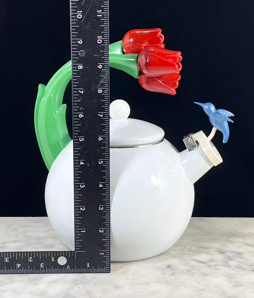 1990s Ancona Enamel Whistling Tea Pot Kettle Blue Hummingbird Red Tulips Vtg EUC | eBay