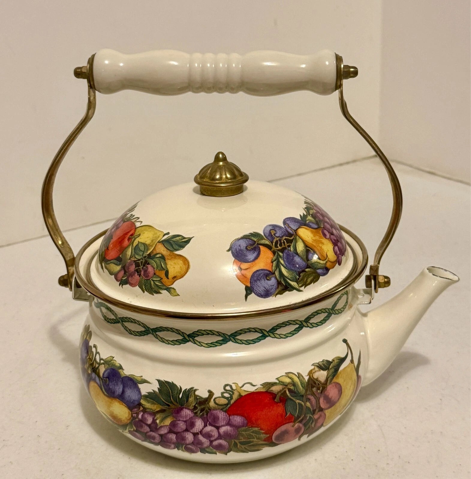 Lincoware Enamel Orchard Royal 8 CUP Teapot Kettle w/handle and brass top | eBay