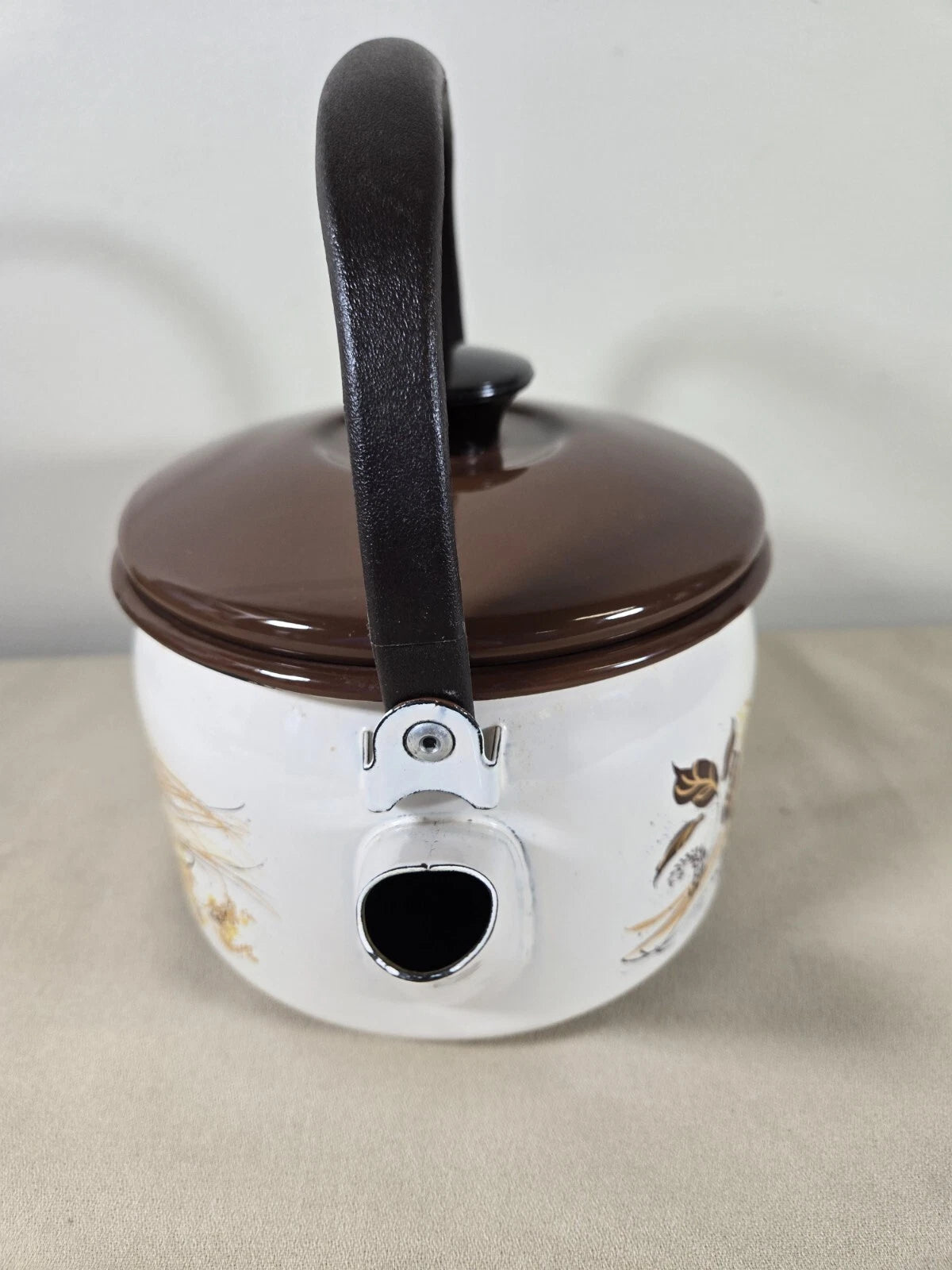 Vtg Retro Enamel Tea Pot Harvest Wheat Wood Handle In Used Condition | eBay