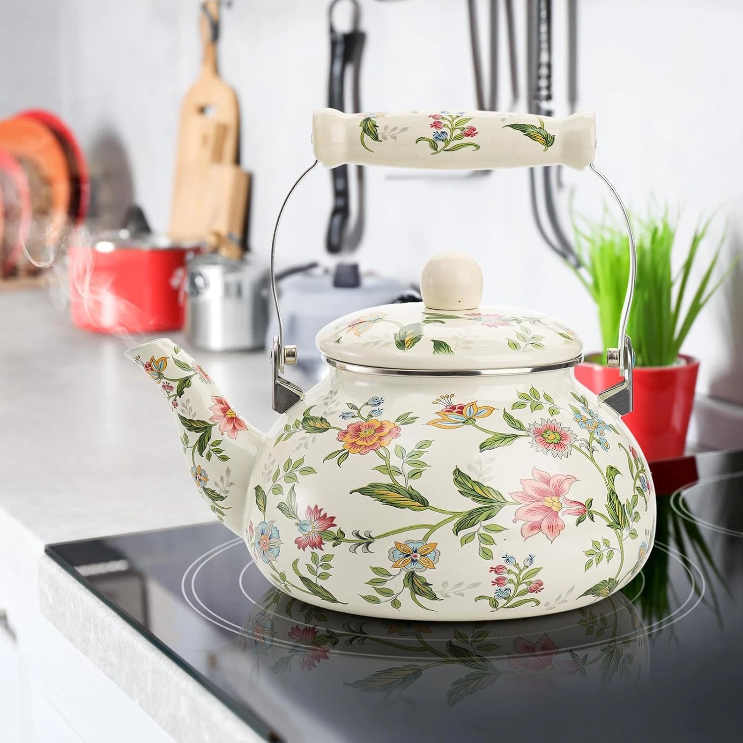 2.6 Quart Vintage Enamel Tea Kettle Green Floral Enamel on Steel Teapot with ... | eBay